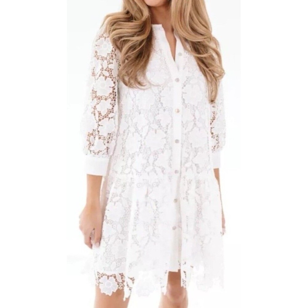 J Marie White Lace Dress Womens S 3/4 Sleeve Appliqué Bridal Wedding Modest